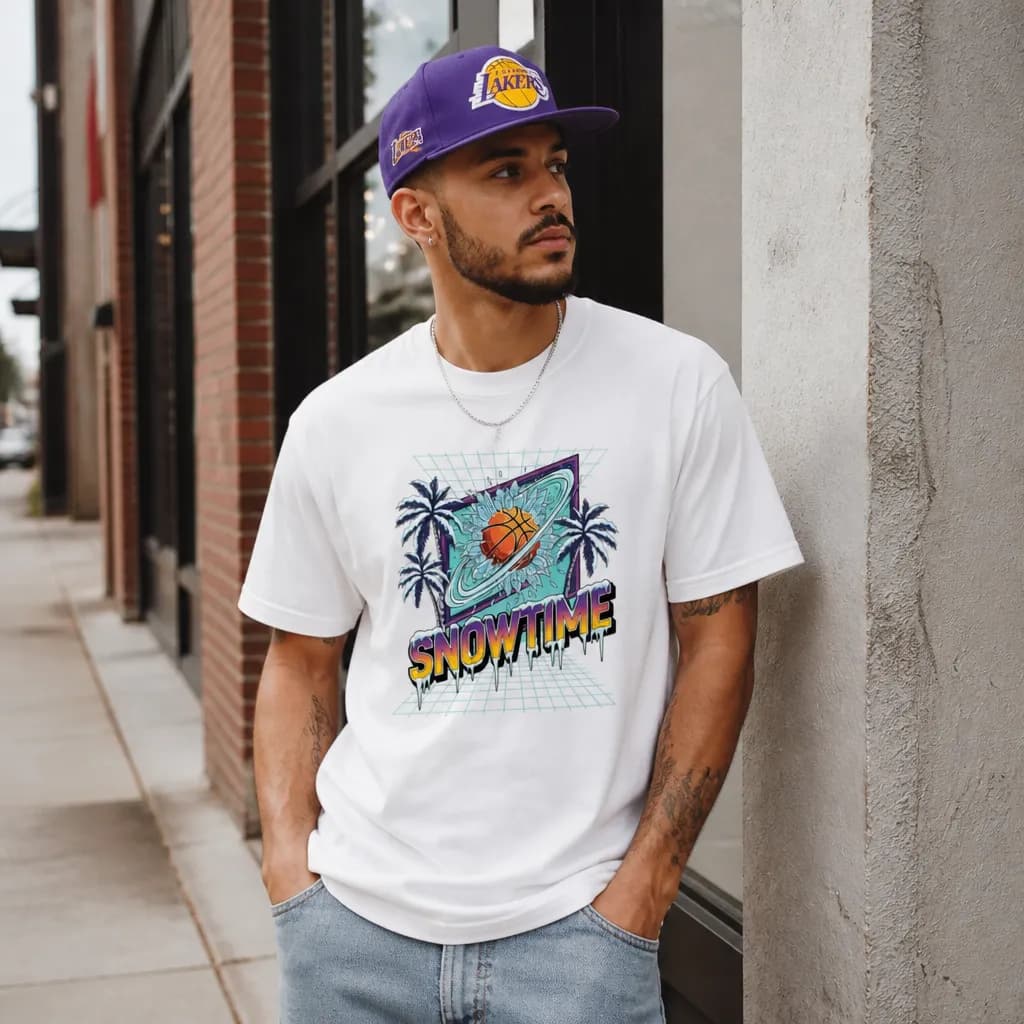 Model wearing Snowtime Lakers Retro Basketball Tee T-Shirts in Black