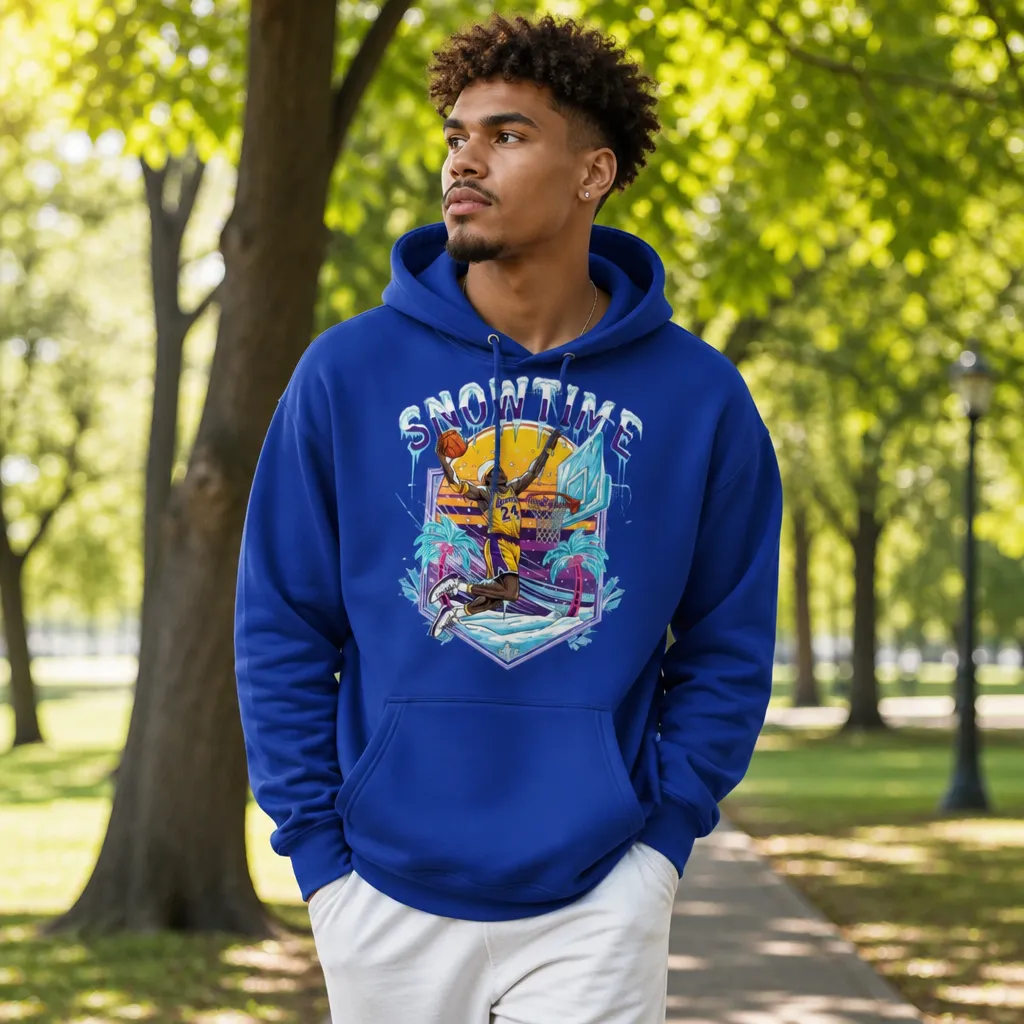 Model wearing Snowtime Lakers Retro Basketball Hoodie Hoodies in White